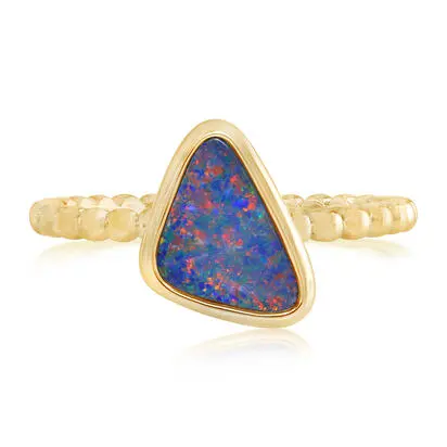 14K Yellow Gold Australian Opal Doublet Beaded Shank Ring | ROD261-13I