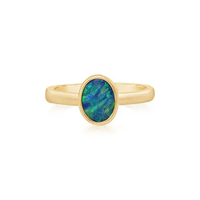 14K Yellow Gold Australian Opal Doublet Smooth Shank Ring, ROD262-18I, $3,095.00