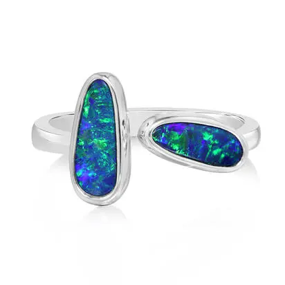 14K White Gold Australian Opal Doublet 2-Stone Ring, RODW359-14I, $3,245.00