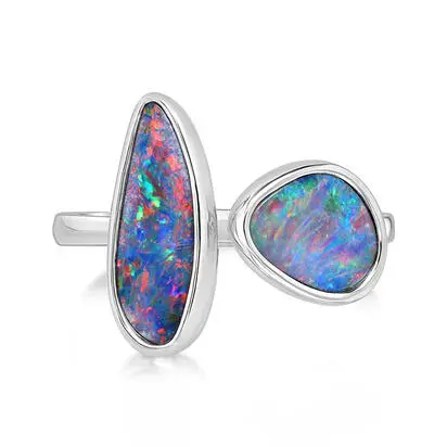14K White Gold Australian Opal Doublet 2-Stone Ring, RODW359-18I, $3,745.00